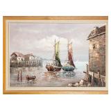 OMER HARBOUR FISHING BOATS OIL PAINTING