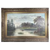 CANOEIST ON A LAKE OIL ON CANVAS PAINTING