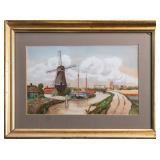 DUTCH CANAL SCENE WITH WINDMILL WATERCOLOUR