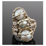14k White Gold Brutalist Pearl & Diamond Ring