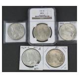 (5) 1924 Silver Peace Dollars