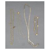 FOUR GOLD CHAINS, 14K AND GF
