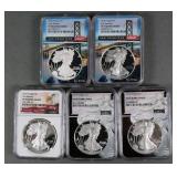 (5) SILVER EAGLES PF70 UCAM 2018-2024