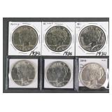 (6) 1934 SILVER PEACE DOLLARS