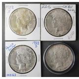 (4) 1922 SILVER PEACE DOLLARS