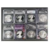 (8) SILVER EAGLES ANACS ICG MS70-PR70