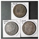 (3) MORGAN SILVER DOLLARS 1889-O 1904-O 1921-S