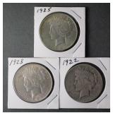 (3) PEACE SILVER DOLLARS 1922 1923 1925