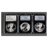 (3) SILVER EAGLES NGC SP69 PF70 PF69