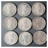 (9) CANADA .800 SILVER HALF DOLLARS 1953-58