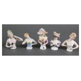 PORCELAIN HALF DOLL PINCUSHIONS (5), GERMANY