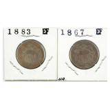 COINS: SHIELD NICKELS (2), 1867 & 1883