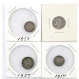 COINS: DIME & (3) HALF DIMES, 1853-1872