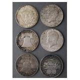 (6) US SILVER HALF DOLLAR COINS 50C