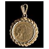 Gold 1911 Indian Head Quarter Eagle Pendant