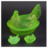 (3) Vintage Vaseline Uranium Glass Nesting Hens