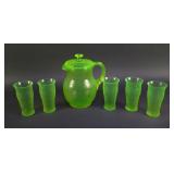 Vtg Craquelle Uranium Glass Pitcher and Tumblers