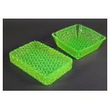 (2) Daisy and Button Uranium Glass Relish Dishes