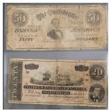 1861 Confederate $20 & $50 Notes