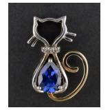 14K Gold Sterling and Sapphire Cat Pendant
