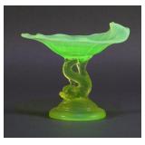 Uranium Glass Opalescent Dolphin Compote