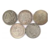 (5) US Silver Dollars, Morgan & Peace