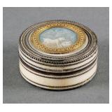 19C IVORY PILL BOX, PAINTED MINIATURE