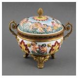 Capodimonte Covered Porcelain & Brass Footed Bowl