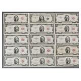 Assortment US $2 Bills and a $1 Silver Certificate