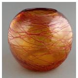Vtg Hand Blown Amber Red Threaded Art Glass Vase