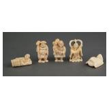 (5) Carved Ivory Netsuke Figures Some Signed