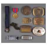 (10) Vintage Belt Buckles, Medals & Lighters