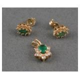 14K Gold Emerald Diamond Earrings & Pendant