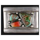 Navajo Silver Turquoise Coral Belt Buckle, Signed