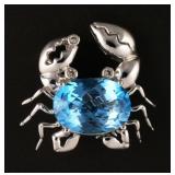 14K White Gold Blue Topaz Diamond Crab Brooch