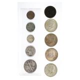 (10) US Coins Silver Half Dollars & Cents