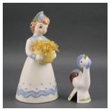 (2) Vintage Ceramic Girl & Rooster Figurines
