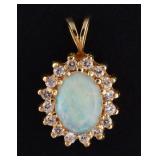 14K Gold Opal & Diamond Halo Pendant