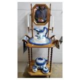 Wood Washstand w/ Blue Pitcher & Washbowl,