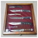 Display Case w/ 6 Collectible Knives & Sharpener