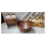 Teakwood Bowl, Vtg Wood Sewing Box, Shoe Shine