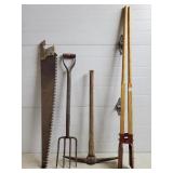Post Hole Digger, Handsaws, Pitchfork, Pickaxe