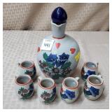 Floral Hand Painted Pottery Decanter & 6 Cup Set