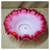Vtg Cranberry Opalescent Ruffled Art Glass Bowl