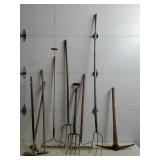 Lot of Assorted Pitchforks, Rakes, Hoes