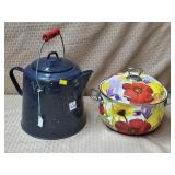Black Enamel Speckleware Kettle w/ Red Handle