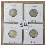Lot of (4) V Nickels (1884-1911)