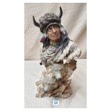 14" H Native American Warrior w/ Wolves Bust