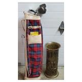 Vtg English Brass Umbrella Stand w/ Golf Clubs w/