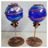 Pair of Copper & Cobalt Blue Iridescent Glass Lamp